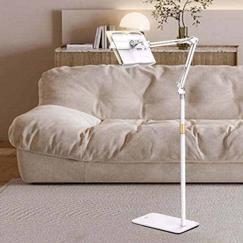 WOTZOV Leseständer, Buchhalter fürs Bett, ergonomisch, höhen- und winkelverstellbar, Buchhalter zum Lesen im Bett, mit Seitenklammern, Bodenständer für Buchständer, Off-White