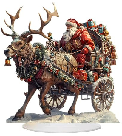 Statuetta con renna e slitta di Babbo Natale, figura di Babbo Natale in slitta - Decorazione del villaggio di Natale invernale in acrilico 2D,Tovaglia da collezione con renne e slitta di Babbo Natale
