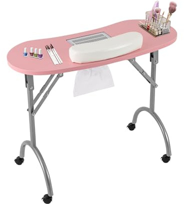 Nageltisch Mit Absaugung, Maniküretisch Mobil Nagelstudio Tisch Klappbar Mit Räder & Handgelenk-Pad & Tragetasche, Maniküretisch Nageltisch Für Nagelstudio & Zuhause, Rosa