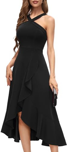 Bbonlinedress Abendkleider elegant für Hochzeit Herbstkleid Damen lang Strandkleid Neckholder festliches Kleid High Low Party Cocktailkleid Black L