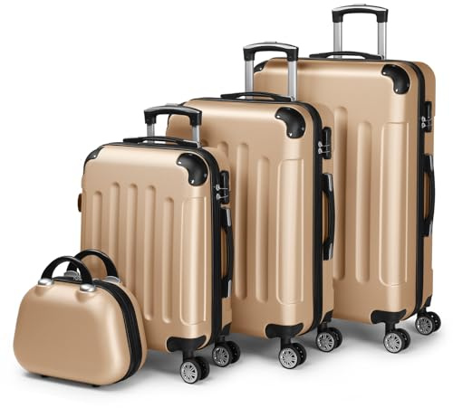 LALAHO Set de 4 Valises avec Vanity Case, Valise Grande Taille, Valise Cabine, Petite Valise, ABS avec Coins Renforcés, roulettes Pivotantes 360°, Cadenas et Poignée Télescopique (Champagne)