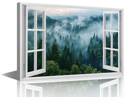 TISHIRON Forest Canvas Wall Art 3D Window View Posters & Prints Artwork Contemporary Home Decor Stretched Canvas Landscape Picture for Living Room Bedroom Office Decor, 24x16in