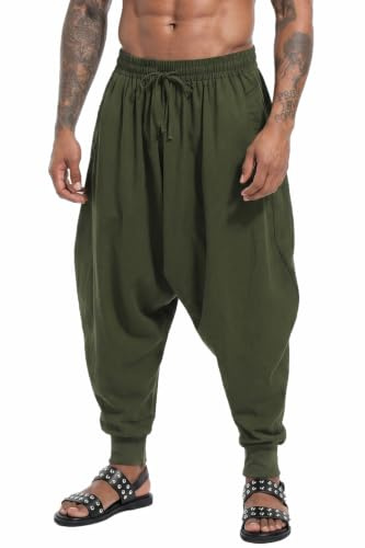 perdontoo Mens Harem Pants Casual Drawstring Aladdin Hippie Cotton Drop Crotch Trouser, Green, 34