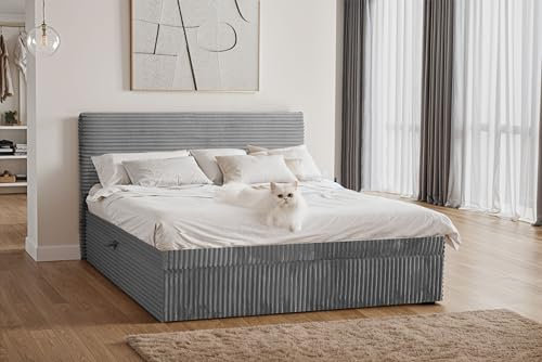 Kaiser Möbel - Bett 160x200 cm, Boxspringbett mit Bettkasten und Topper, Cord Schlafzimmerbett, Doppelbett mit Stauraum und Gepolstertes Kopfteil, Toppermatratze aus Viscoschaum - Trento - Dunkelgrau