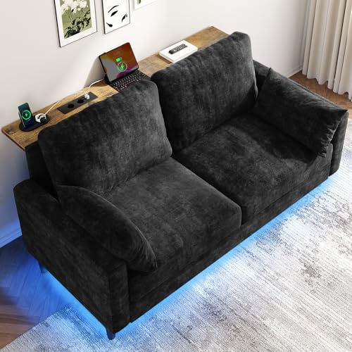 KKL Sofá de 2 plazas con tubos de luz LED y mesa de consola, con 2 puertos de carga CA y 2 puertos USB chenilla para salón, dormitorio, apartamento
