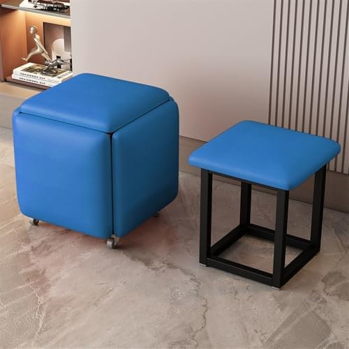 5 in 1 Drehhocker Würfel mit Rollen Stapelstühle Bewegliche Fußhocker für Wohnzimmer & Schlafzimmer Stilvolles Blau Nappaleder Design