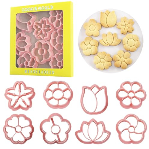 MIANXIAOXIN 8 Piece Cute Flower Cookie Cutters Leaves Shape Cookie Embossing Molds Cartoon Fun Biscuit Moulds(8-Flower B)