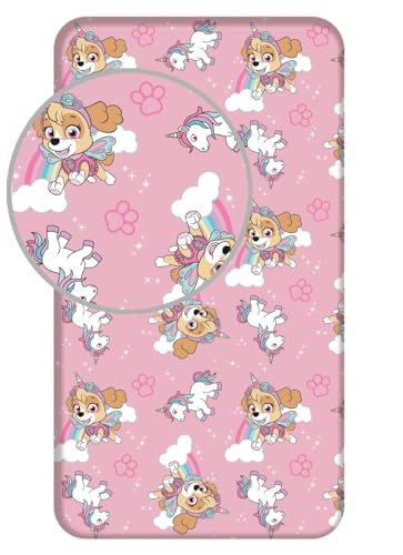 Jerry Fabrics Paw Patrol Sky, Bettlaken Betttuch Spannbettlaken Pink 90 x 200 + 25cm, 100% Baumwolle