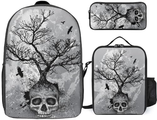 JiuPopular 3 In 1 Backpack Combination Set,Horror Skull Tree Killer Whales Orca Ladybugs Pattern Infinite Speckled Monkey Pattern Banana Monkey Pattern Mexican Sugar Skull Monster Dinosaur Owl Animal