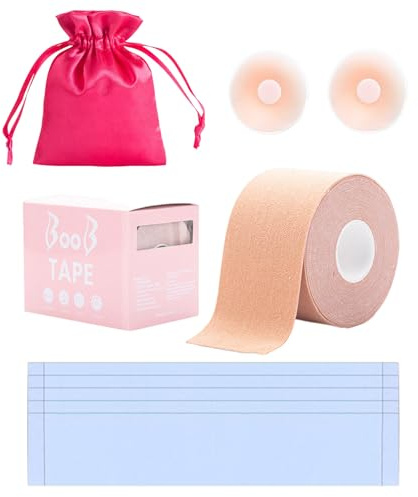 Bande Adhesive Poitrine, Bande de Levage de Poitrine, Boob Tape Ruban adhésif, Ruban de Levage des Seins 5cm*5m, avec 2 Couvre-mamelons Réutilisables/36 Ruban Adhésif Double Face pour Vêtements