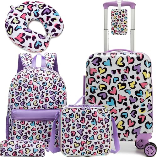 Inprof Kids Luggage with Spinner Wheels 5 Piece Carry on Suitcases for Girls Backpack with Lunch Box Pencil Case 16 Toddler Suitcase Set Airline Approved (Bainbow Leopard)