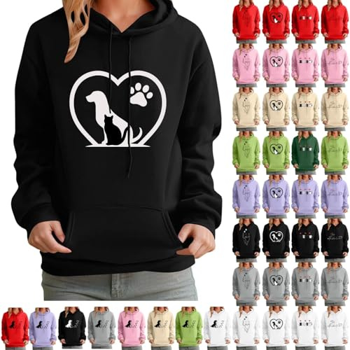 Cute Cat Hoodies for Women UK Pullover Dog Print Hooded Sweatshirt Long Sleeve Kawaii Anime Cartoon Graphic Sweatshirts with Pocket Drawstring Casual Oversized Jumper 2025 Autumn Winter Fleece Tops