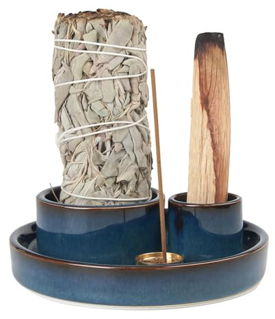 4 in 1 Incense Holder, Ceramic Incense Stick and Palo Santo Holder,Sage Holder for Burning- 4.25 Ceramic Ash Catcher Tray for Meditation and Yoga Room (Blue)