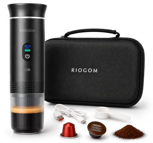 RIOGOM. ®️ Cafetera Portátil de Capsulas 3 en 1 Outin 12v Usb-C + Estuche rígido, Compacta, Ligera Y Recargable, Ideal para Tomar Cafe Caliente en Camping, Coche, camion Oficina etc. (Negro)