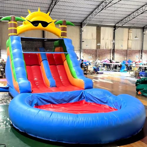Hüpfburg mit Rutsche, Doppelwasserrutsche und großem aufblasbaren Pool, PVC-Wasserrutsche für Kinder und Erwachsene, für Garten/Außenbereich, mit 950 W Gebläse, 685 x 330 x 375 cm