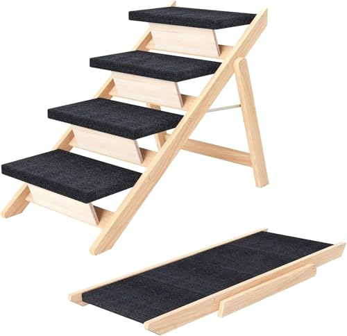 Escalera y Rampa 2-en-1 para Mascotas de Madera, Plegable y Portátil para Perros Pequeños/Medianos y Gatos, Escalera Antideslizante para Camas Altas, Sofás y Coches (Negro, 71 * 65 * 40CM, 4)