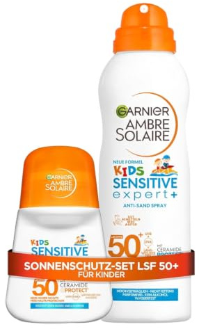 Garnier Ambre Solaire Kids Sonnenschutz-Set – Sensitive expert+ Anti-Sand Spray LSF 50+ & Roll-On LSF 50+ – Extra wasserfester Schutz für Kinderhaut – Sandabweisend & Pflegend – 2-teilig