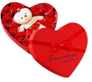 Romantic Red Heart Gift Box with 10 Artificial Roses and Plush Bear, Valentine's Day Gift Set for Her, Wedding Anniversary Party Decoration