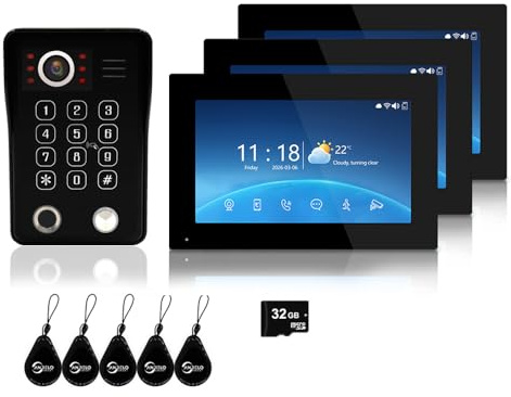 4-Draht-Video-Türtelefonsystem, schwarze Klingel, 17,8 cm Touch-Monitor, 2 MP Türklingelkamera, 148° Weitwinkel, IR-Nachtsicht, digitaler Bilderrahmen, Bewegungserkennung, Tuya APP-Steuerung (1