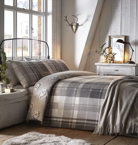 Dreams & Drapes - Grey Checkered Hedgehog Duvet Cover - King Bedding Size (230 x 220cm) - Super Soft 100% Brushed Cotton - Reversible Design - Grey Flannelette Woodland Bedding with Hedgehogs