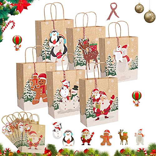 12 stycken presentpåsar jul, papperspåsar, presentförpackning, presentpåsar med handtag kraftpapper, papperspåsar jul, godispåsar, presentpåsar, jul