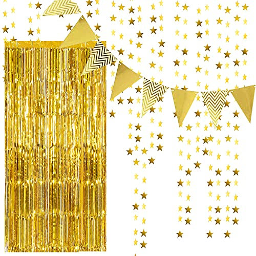 QincLing 3 STK Metallic Lametta Vorhänge Set, Fringe Vorhänge Lametta Tinsel Vorhang Folienfransen mit Flagge Bunting Banner und Glitter Papier Sternform Girlande für Geburtstag Party/Hochzeit (Gold)