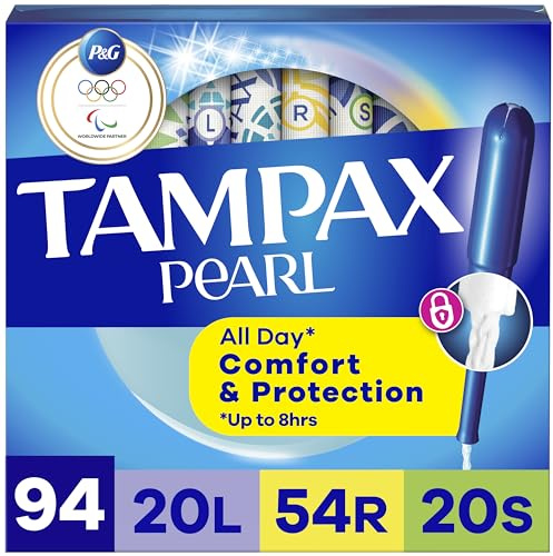 Tampax Pearl Tampons for Women Multipack, with LeakGuard Braid, Light/Regular/Super Absorbency, Unscented, 94 Count (2 Packs of 47) (Packaging May Vary)