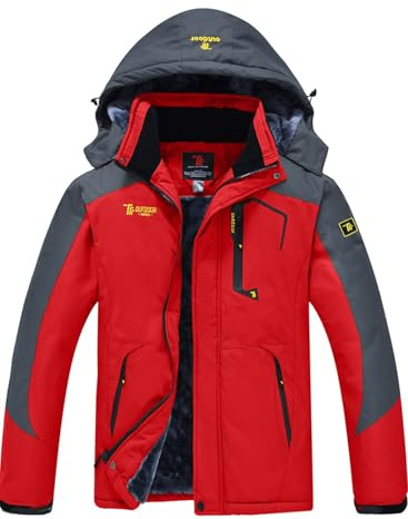 YSENTO Herren Skijacke Winterjacke Softshelljack Wasserdicht Warm Gefüttert Outdoor Funktionsjacke mit Abnehmbarer Kapuze(Rot,L)