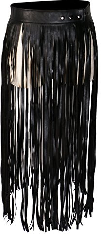 Cintura con frangia e frange in pelle PU Boho con cintura in vita lunga, Nero , medium