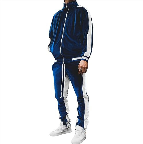 KISSQIQI Tute da uomo 2 pezzi Full Zip Tute Sportive In Velluto Dorato Abiti Casual Giacca & Pantaloni Fitness Tuta Set, Navy, X-Large
