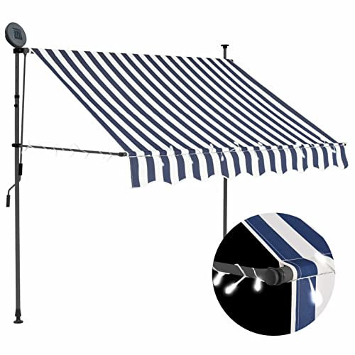 Homgoday Manual Retractable Awning with LED and Hand Crank,Water and Dirt Repellent Polyester Canopy with PU Coating,Steel Frame,for Garden, Patio,Balcony and Terrace Sun Shade Shelter