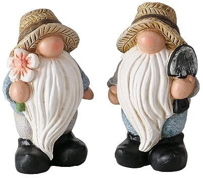ReWu Juego de 2 duendes de jardín, altura de 15 cm, duende de verano con pala y flores de cerámica, figura decorativa de gnomo de jardín