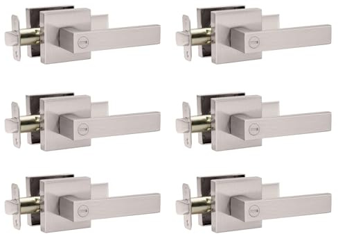 AIKKIL Interior Door Handle Satin Nickel Door Knob Keyless Levers Set (6 Pack), Heavy Duty Privacy Door Handle Lock for Bedroom or Bathroom, Square Door Lock for Left Right Handle Doors