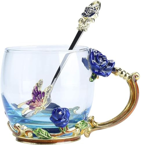 YBK Tech Kreative Blume Glas Tasse, Kristall Blau Glas Teetasse - Blaue Rose, Kurz (320ml)