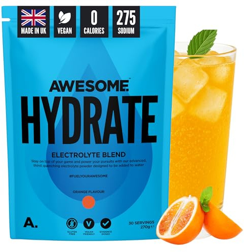Awesome Hydrate – Vegan Electrolytes Powder – 270g Instant Electrolytes Powder – Sodium, Zero Calorie, Potassium Supplements – Vegan & Gluten-Free Hydration Supplement – (Orange Flavour, 270g)
