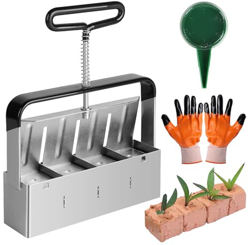 efuturetime Manuelle Erdballenpresse Anzucht, für 4 Soil Block von 4.5 x 5 cm, Handgehaltener Bodenblocker mit Sämaschine und Handschuhen, Stahlkugelstopfen, für Pflanzung Transplantation