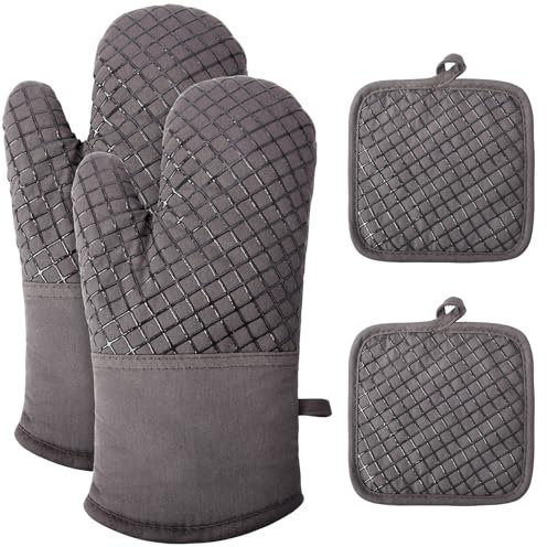 Ofenhandschuhe Topflappen Topfhandschuhe 4er Set – Hitzebeständige und rutschfeste Backhandschuhe, weiche Baumwolle, Lange Flexible Dicke silikon Kochhandschuhe zum Kochen