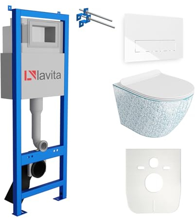 Lavita LAV 101 Vorwandelement für WC 40cm + Wand Hänge Tiefspül WC SOFI SLIM KRESZ Weiß/Blau Spülrandlos + Bedienplatte LAV 200.3.1 Weiß + WC Sitz mit Absenkautomatik Komplettset Unterputz Spülkasten