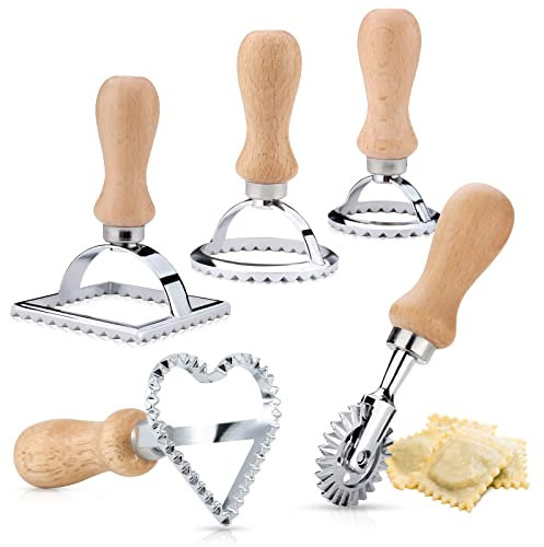 QRZLP Ravioli Pasta Cutter Wheel Set, 5Pcs Biscuit Mould Ravioli Maker Cutter with Roller Wheel Wooden Handle Pasta Press Wheel Pasta Tools for Pasta Making Dumplings, Pierogi.