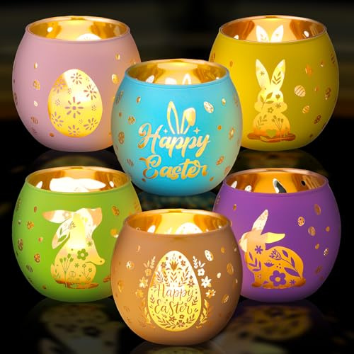 Jingmore 6 Pcs Easter Votive Candle Holders for Tealight Easter Bunny Egg Glass Votive Holders Flameless Candles Easter Decor with 6 Laser Engraving Patterns for Easter Spring Home Table Centerpiece