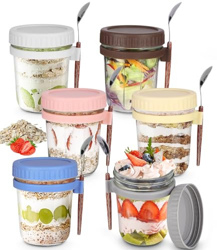 Lot de 6 Verres à Flocons d’avoine pour la Nuit, Bocaux à yaourt Overnight Oats avec Couvercle et Cuillère, Tasse à Yaourt Réutilisable, pour céréales à emporter, yaourt, avoine, lait, fruits, 350 ml