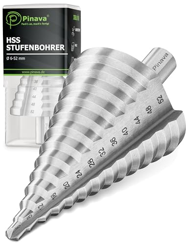 Pinava® HSS Stufenbohrer Ø6-52mm [12mm Schaft] - Scharfer Kegelbohrer für Metall, Holz & Kunststoff - Schälbohrer, Konusbohrer, Blech Bohrer, sauberer & präziser Lochbohrer Blechschälbohrer 13 Stufen