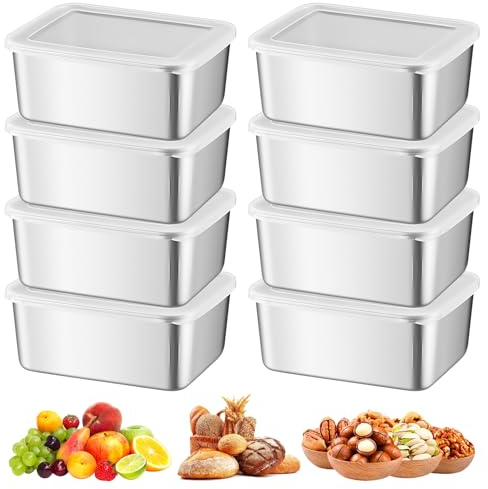 BORDEAG 8 recipientes herméticos con tapa de 600 ml, de acero inoxidable, con tapa, de acero inoxidable, para carne, frutas