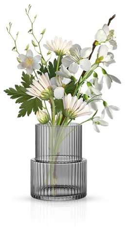 Dunkelgrau Glasvase, gerippte Vasen für Blumen, Blumenvase für Tulpen, geriffelte Moderne Vasen für Wohnzimmer, Esszimmer, Schlafzimmer, Regal, Hochzeit, Büro, Couchtisch, Geburtstag, 19 cm