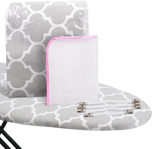 Universal Ironing Board Cover with Padding and 4 Elastic Bands - Silicone Coating Resistant to 300°C - With Anti Scald Mesh - Grey/Blue with Patterns - Suitable for All Types of Boards