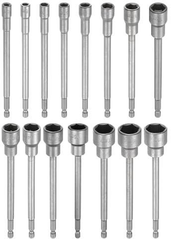 QUARKZMAN 15 Pezzi Nut Driver Punta Trapano 5.5-19mm Metric Socket Ad Impatto 1/4 Asta Esagonale 6 (150mm) Extra Lunga Socket Magnetici 6 Punti CR-V Per Bulloni Per Trapani Elettrici