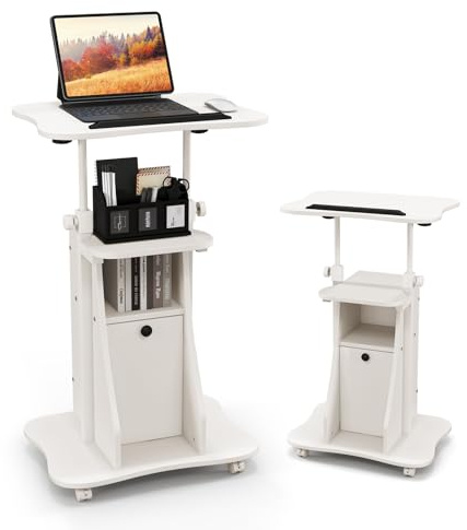 LIFEZEAL Podio, Leggio, Pulpito Conferenze, 2 Piani, 4 Ruote, 2 Scomparti, Inclinabile, Altezza Regolabile, Tavolo Presentazioni, Scrivania Discorsi Pubblici, Porta PC, Aula, 55x40x68-114cm (Bianco)