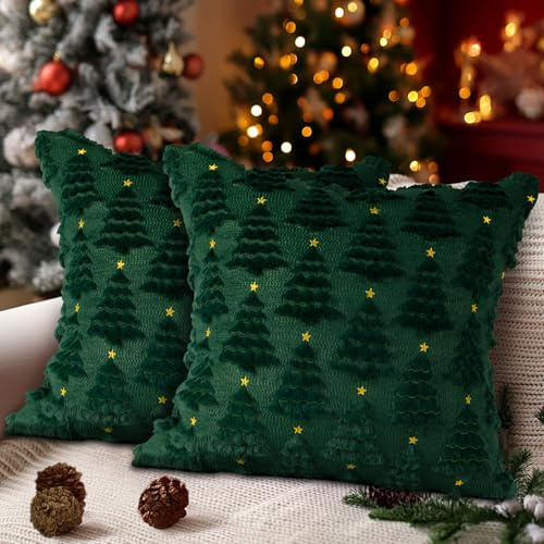 Lanpn 2 Stück 60x60cm Kissenbezüge Weihnachten, Weihnachtsdeko Kissenbezug Kissenhülle Weihnachten mit Stern und Weihnachtsbaum für Büro Home Wohnzimmer Schlafzimmer Couch Bett Sofa Dekor (Grün)