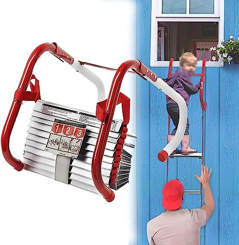 Escalera de emergencia para escape de incendios, seguridad de 3 pisos con peldaños antideslizantes, banda de rodadura extra ancha para uso en interiores y exteriores, soporta hasta 1000 libras