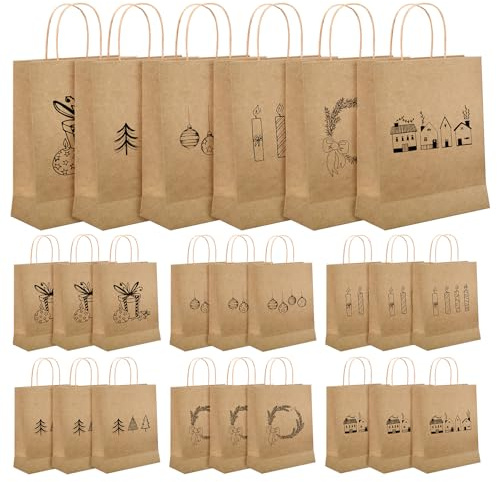 24 Stück Geschenktüten Weihnachten, Papiertüten Weihnachtstüten Klein | Geschenktüten Weihnachten Klein mit Griff, Zur Aufbewahrung von Geschenken, Partyzubehör(21x15x8cm)